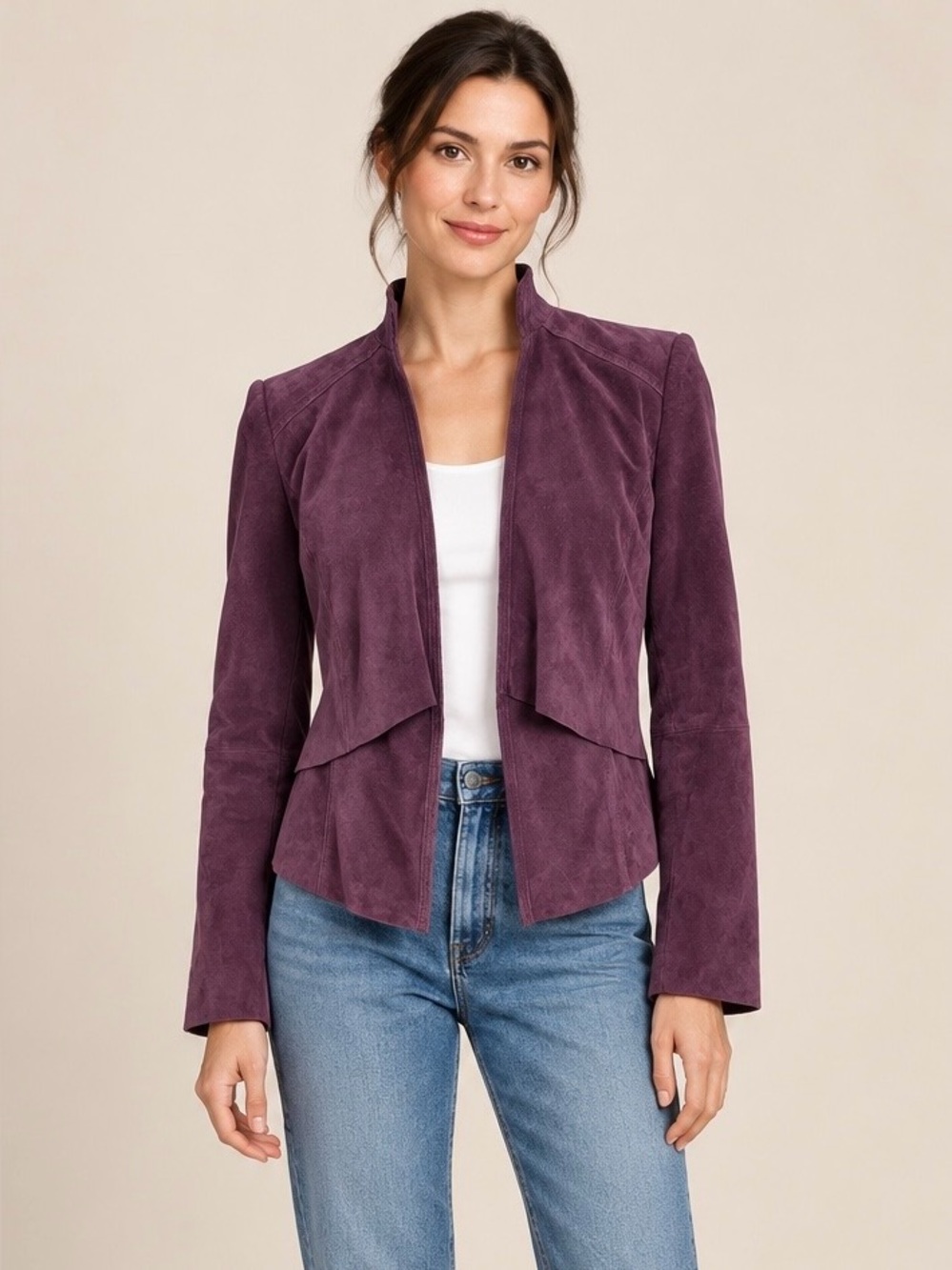White House Black Market Purple Suede Leather Jacket XS Hook Eye Peplum